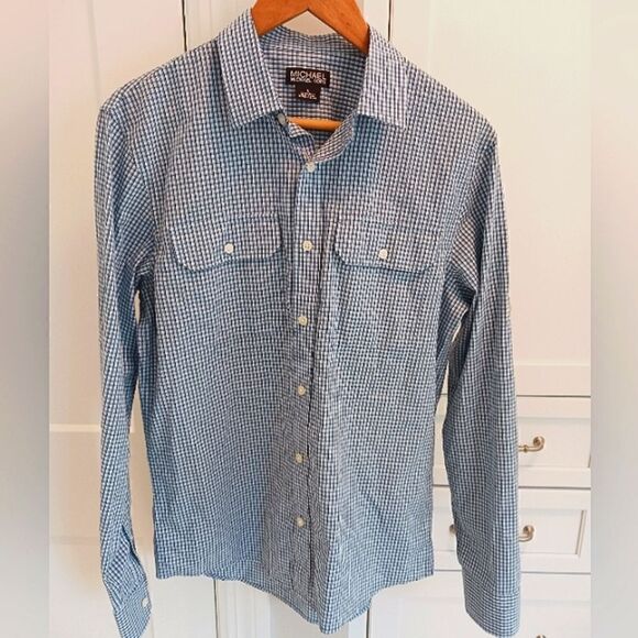 Mens Michael Kors Button Down Shirt Checked Blue White - Picture 1 of 13